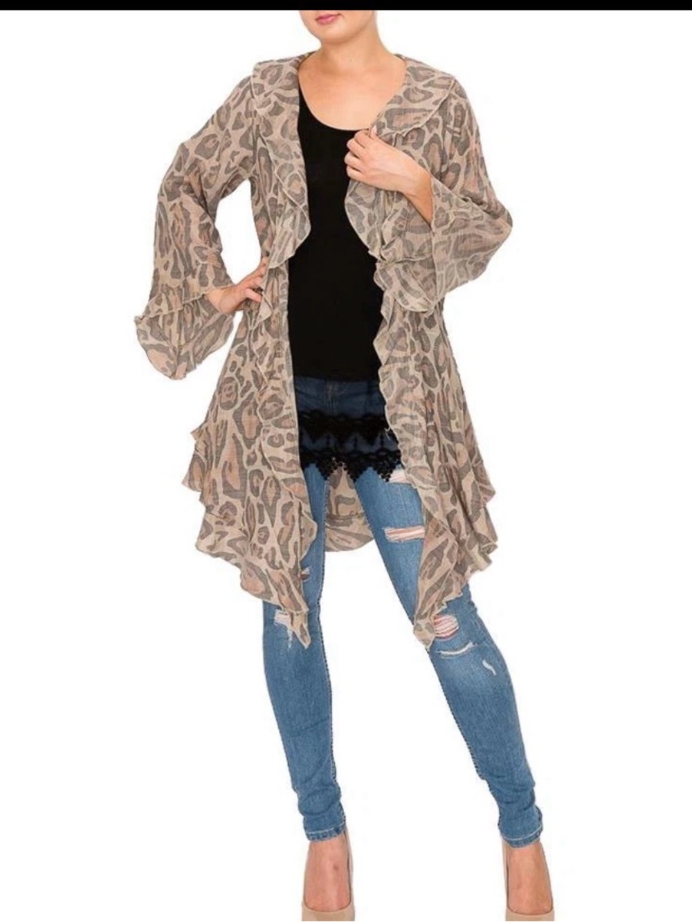 NWT Origami Apparel Leopard Animal Print Lightweight Ruffle Cardigan Duster